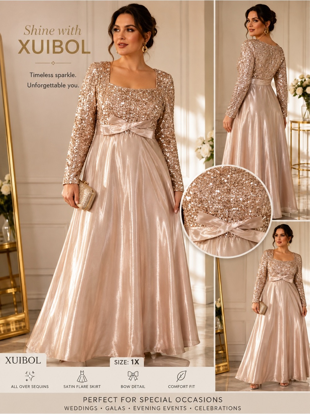 Xuibol Rose Gold Long-Sleeve Sequin Evening Gown